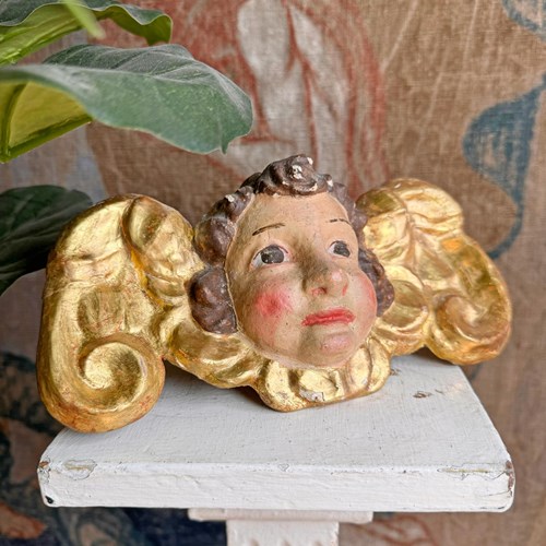 18Th Century Giltwood And Polychrome Painted Putti / Cherub