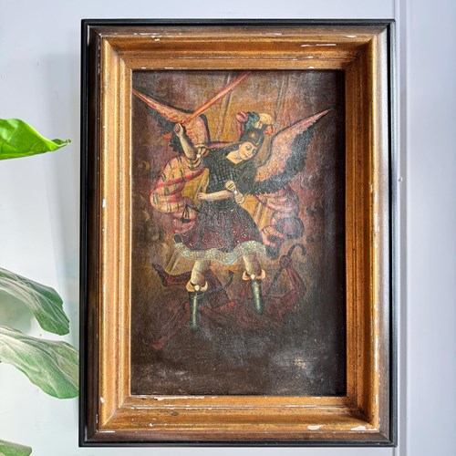 Peruvian Cuzco School Oil On Canvas Of The Archangel Michael Defeating Satan 