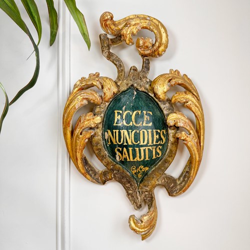 Rare 18Th Century Giltwood And Polychrome Painted Shield Ecce Nuncdies Salutis