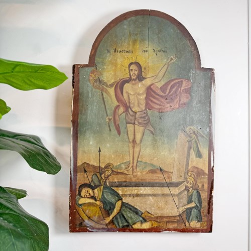 18Th Century Icon Oil On Board Of The Resurrection Of Christ