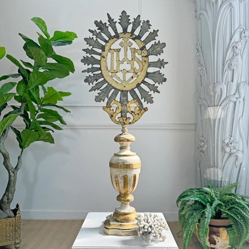 18Th Century Processional Gilt Iron IHS Cross Mounted On A Baroque Altar Vase