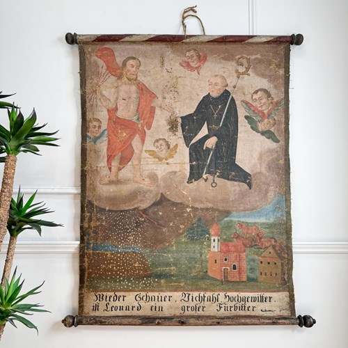 17Th Century Ecclesiastical Sacred Wall Hanging Oil On Canvas Of St Leonard Of N