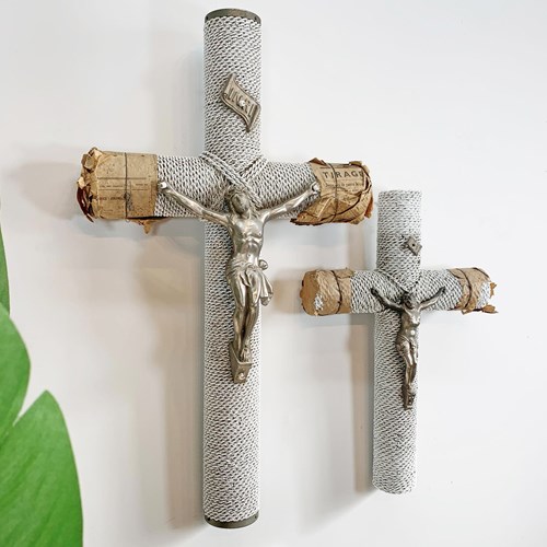 1930'S French White Glass Bead And Zinc Memorial Crucifixes