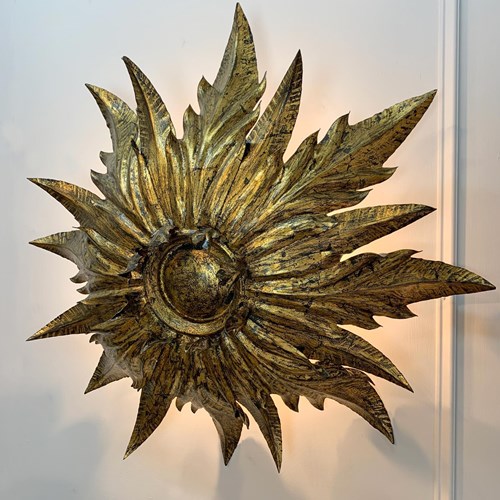 Spanish Gilt Sunburst Flush Mount Ceiling Light 1930