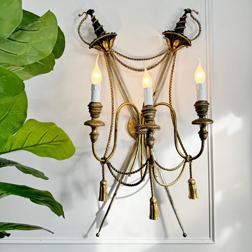 An Outstanding 1950'S Italian Cross Sword And Gilt Rope Tassel Wall Light