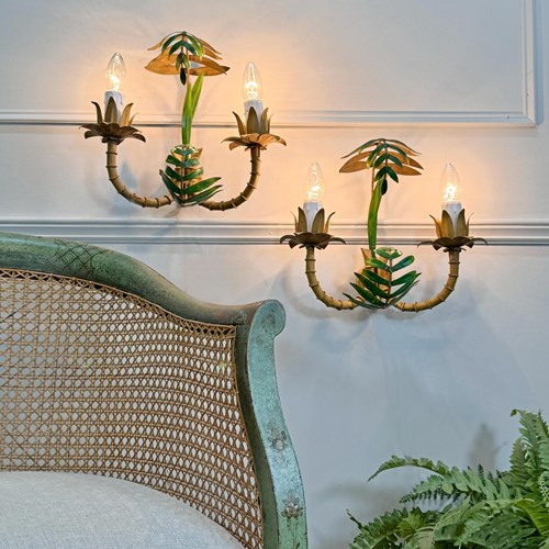 1950'S Italian Faux Bamboo Palm Wall Lights