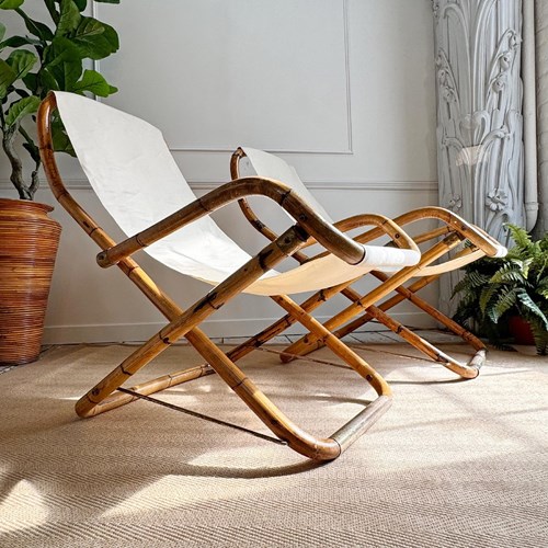Pair Of 1960'S Italian Folding Bamboo Deck Chairs
