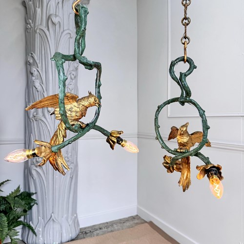  Stunning Pair Of 19Th Century Painted Bronze Cockatoo Chandeliers