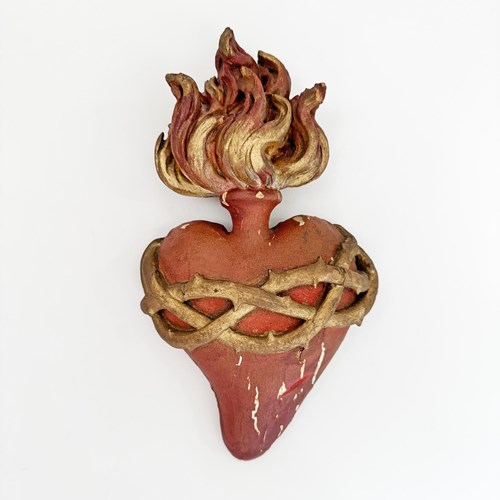 Hand Carved Wooden Sacred Heart With Red And Gilt Over Gesso 1889