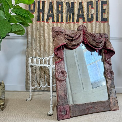  19Th Century Theatrical Burgundy Velvet Mirror With Drapes And Swags