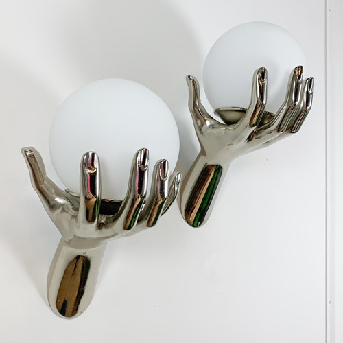 An As New Pair Of 1970'S Maison Arlus Chrome Hand Wall Sconces