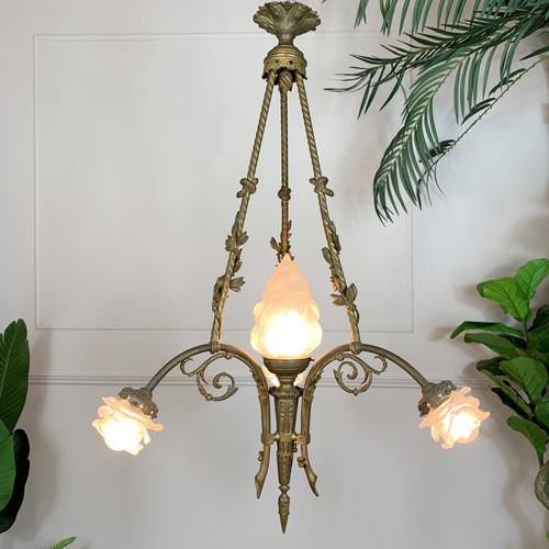 Art Nouveau Bronze And Glass Chandelier