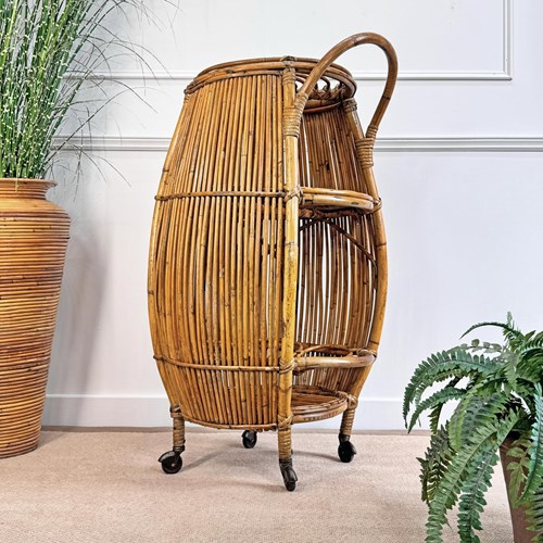 Mid-Century Italian Bamboo Barrel Bar Cart By Bonacina