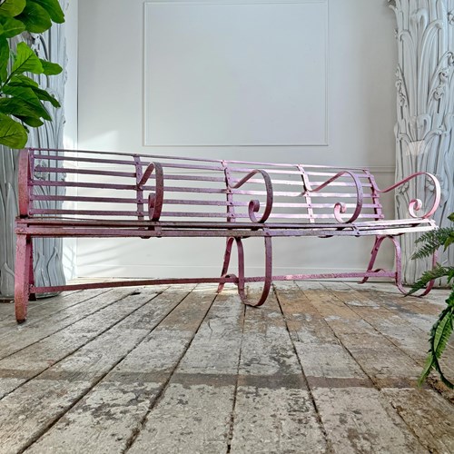 Early 19Th Century Scroll Arm Wrought Iron Pink Bench Of Exceptional Proportions