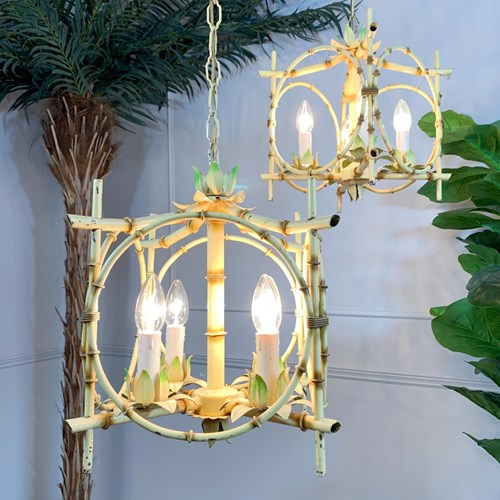 Pair Of  Mid Century Faux Bamboo Pagoda Chandeliers Italy 