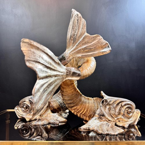 Gabriella Crespi 'Coppia Di Delfini' Rams Horn And Silvered Bronze Dolphins