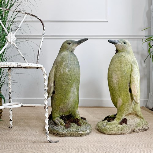 Pair Of 1970'S Reconstituted Stone Life Size Penguin Garden Statues