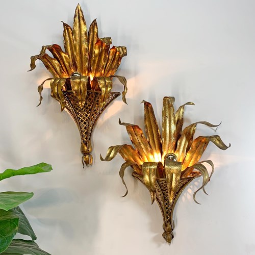 Pair Of Italian Gilt Tole Palm Leaf And Coronet Wall Lights