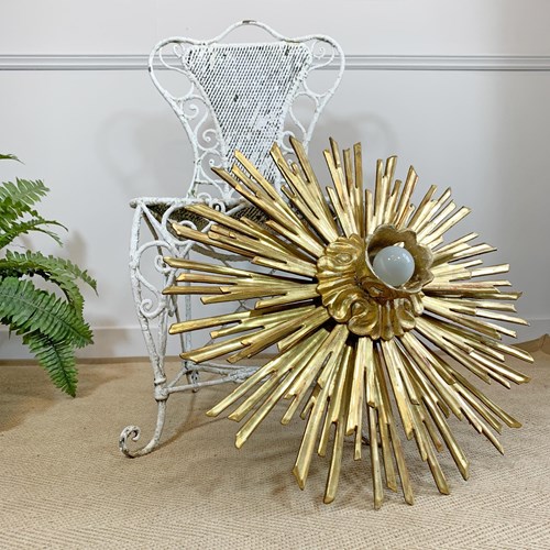 Large Water Gilded Wooden Chapel Sunburst Flush Light