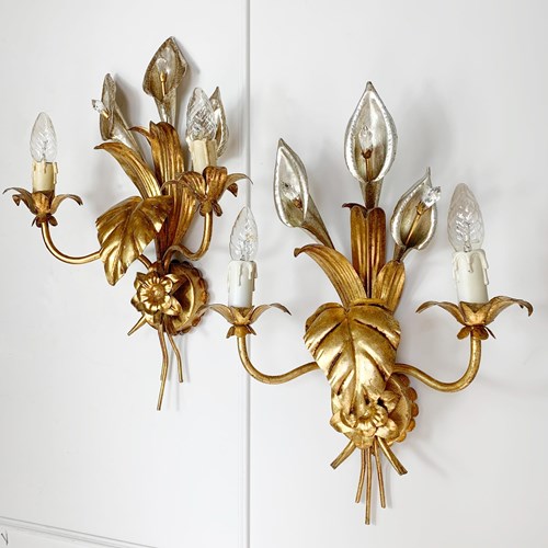 Pair Of Hans Kogl Calla Lily Gilt Wall Sconce 1970