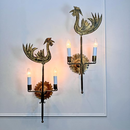 Opposing Pair Of Jean Touret Cockerel Wall Lights For Ateliers De Marolles