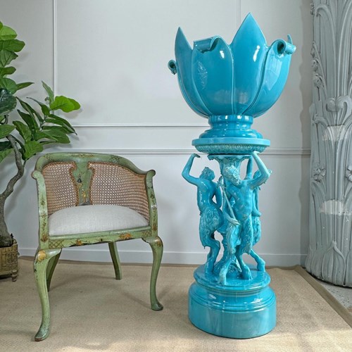 Monumental And Rare Jerome Massier Blue Glazed Faience Satyr Planter And Stand