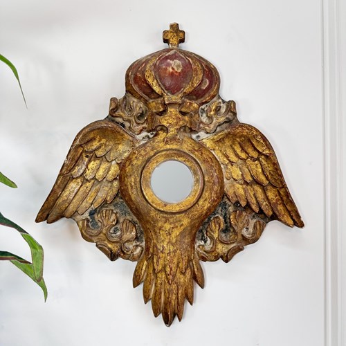 Late 18Th Century Decorative Giltwood Church Mirror With Wings And Crown