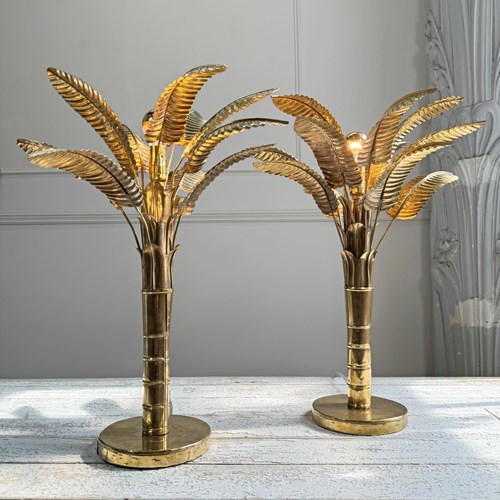 1970'S Hand Crafted Brass Banana / Palm Tree Table Lamps