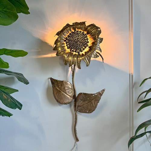 Sunflower Wall Light Sculpture In Brass Signed By P Mas Rossi 1970'S