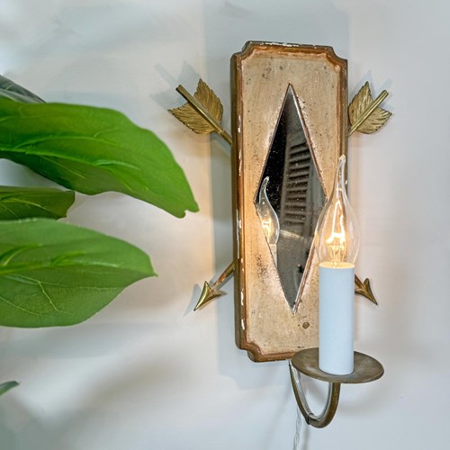 French 1950'S Polychrome And Giltwood Mirrored Wall Light With Arrow Decoration