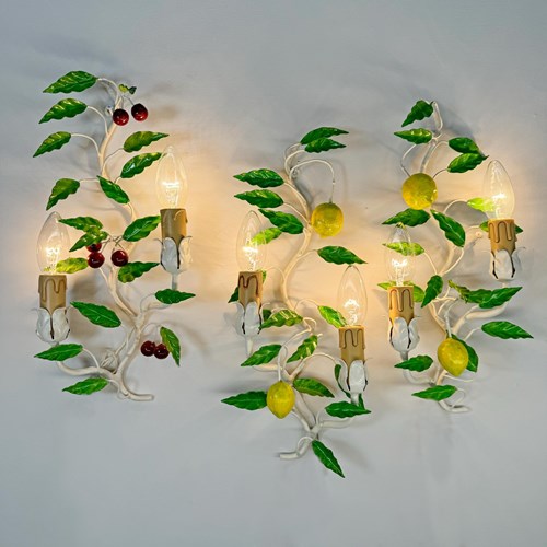 Set Of 3 Italian Lemon And Cherries Tole Wall Lights