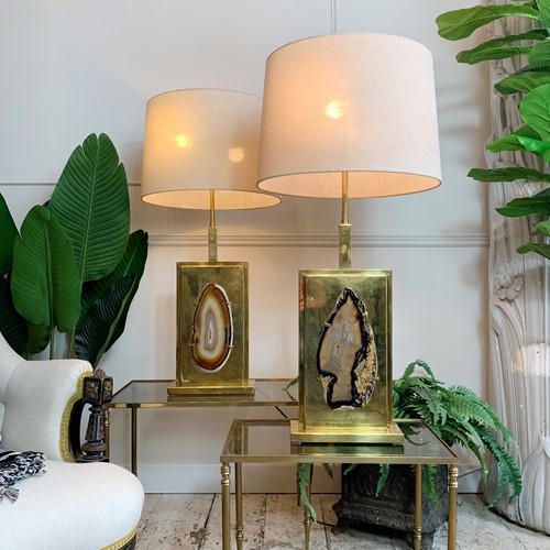 Superb Pair Of Willy Daro Agate And Brass Table Lamps