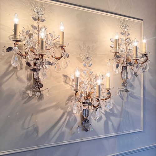 Maison Bagues Set Of 3 Substantial Rock Crystal And Gilt Iron Wall Lights 1930'S