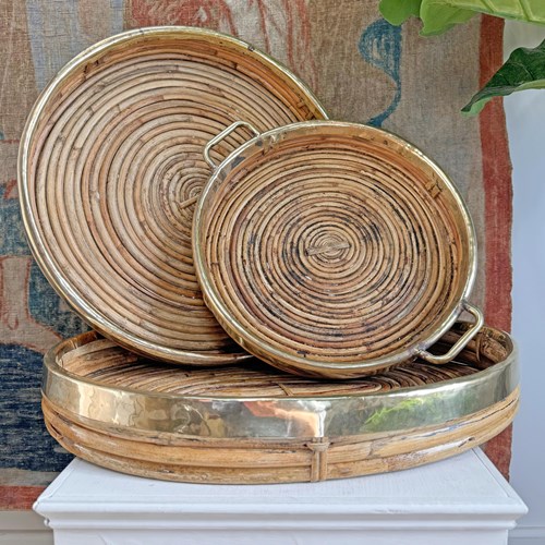 Set Of 3 Gabriella Crespi Style Pencil Reed Banded Trays