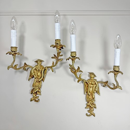 Pair Of Mid Century Chinoiserie Figure Wall Lights