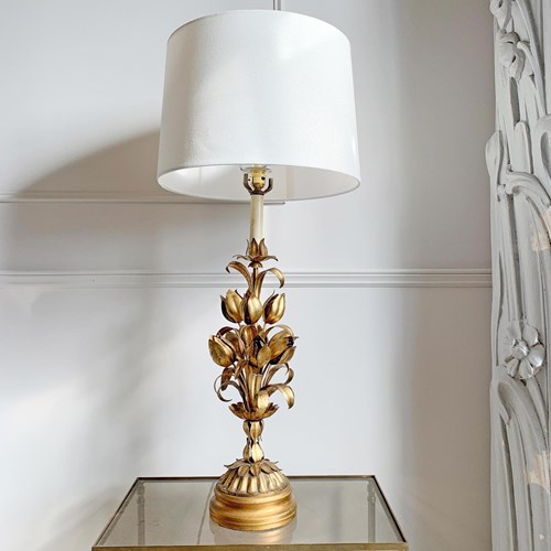 Mid Century Italian Gilt Leaf Flower Table Lamp 1950