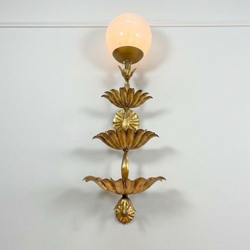 Italian Gilt Metal Tiered Scallop Wall Light With Milk Glass Globe 1950'S