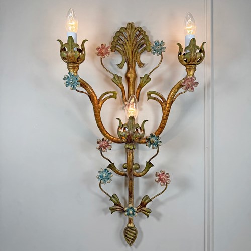Large Italian Gilt Iron Decorative Floral Wall Light 1950'S