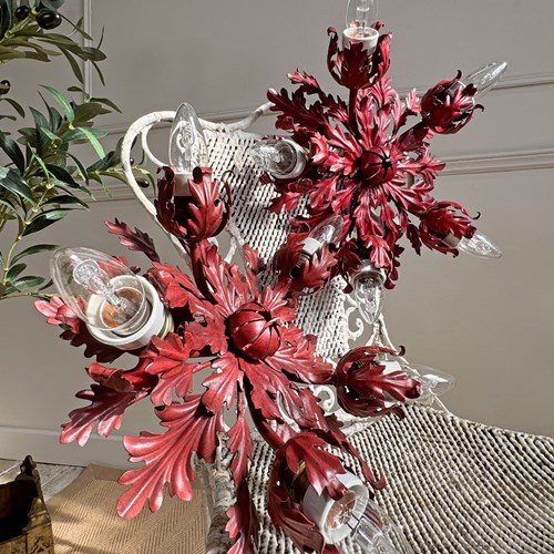Pair Of Rare Banci Firenze Red Acanthus Leaf Flush Ceiling Lights Circa 1950'S