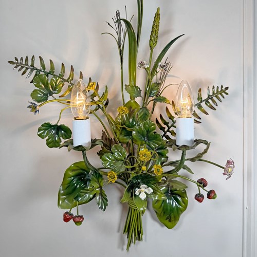 Salvadori Wild Flowers And Fruit Bouquet Tole Wall Light Italy 1960'S