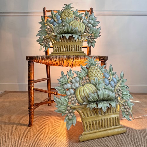 Pair Of 1950'S French Toleware Polychrome Basket Of Fruit & Flowers Wall Lights