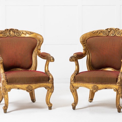 Large Pair of 18th Century Giltwood Armchairs