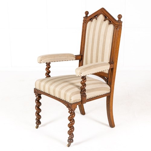 19Th Century English Gothic Oak Armchair