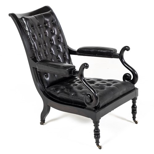 Mid 19Th Century Ebonised And Leather Library Armchair