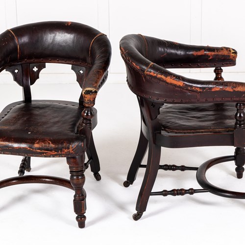 Pair Of Late 19Th Century English Mahogany And Rexine Armchairs