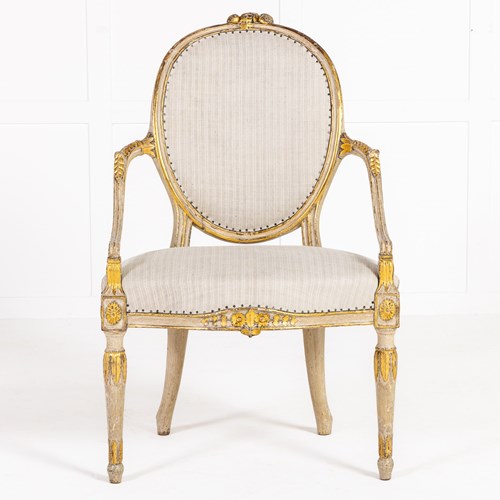 A Rare Late 18Th Century English Painted And Parcel Gilt Armchair