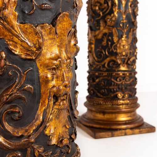 Pair Of Grand Scale 19Th Century Painted And Parcel Gilt Columns