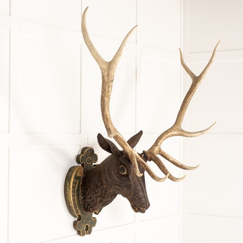 Large Scale 19Th Century Carved Wood Stag’S Head