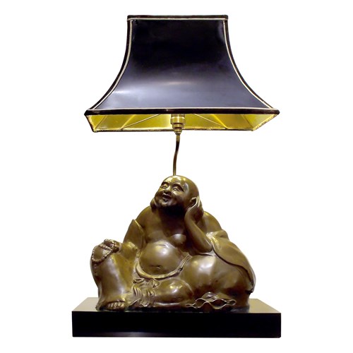 French Mid-Century Bronze Buddha Table Lamp With Pagoda Shade