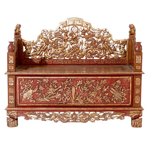 1940S Chinese Red Lacquer Carved Gilt Wood Bench